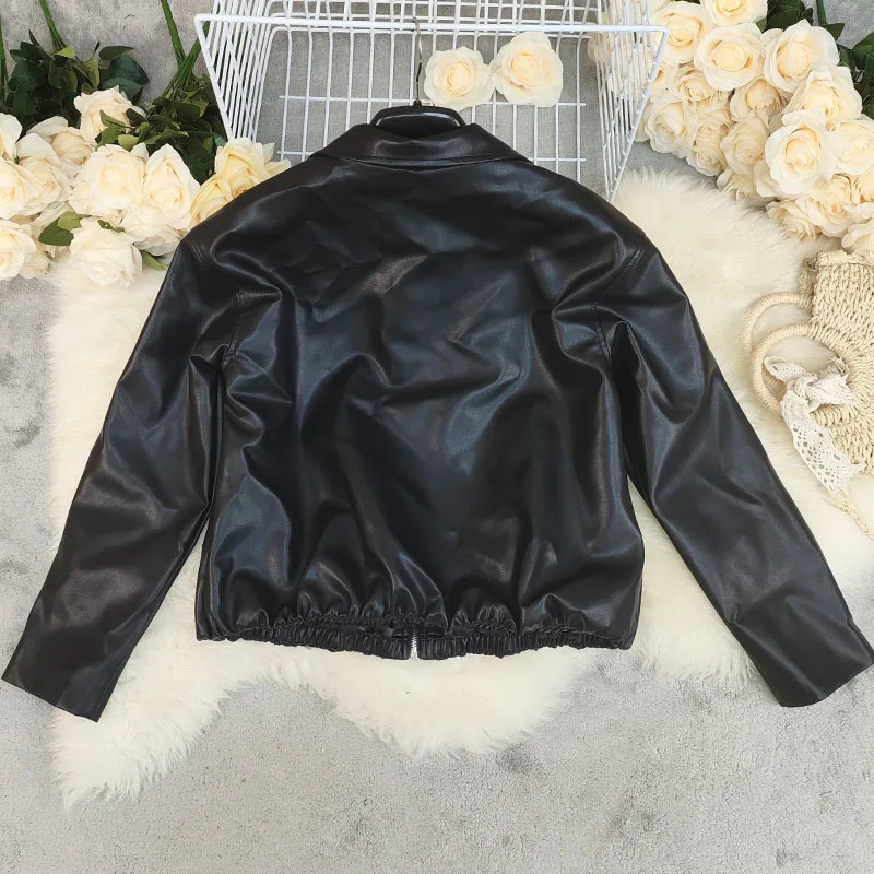 Giacche da donna in ecopelle con cerniera colletto rovesciato cappotti tinta unita manica lunga streetwear giacca da lavoro regolare autunno inverno 2025