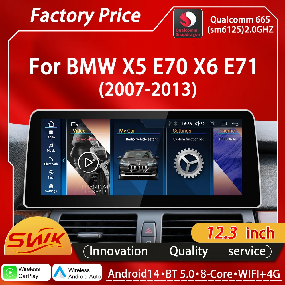 

GPS Qualcomm Snapdragon665 6125 Android14 для BMW X5 E70 X6 E71 Автомобильные видеоплееры Мультимедийное радио Беспроводной CarPlay 12,3 дюйма
