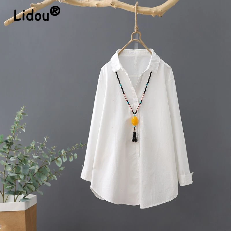 Retro Simple Cotton Linen Loose Long Sleeve Button Up Shirt Spring Autumn Casual Solid Tunic Top Blouse Women Blusas Clothes2023