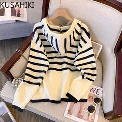 KUSAHIKI Hooded Knitwear Women Japanese Vintage Causal Striped Pullover Sweater Women Autumn Winter 2023 New Knitted Tops