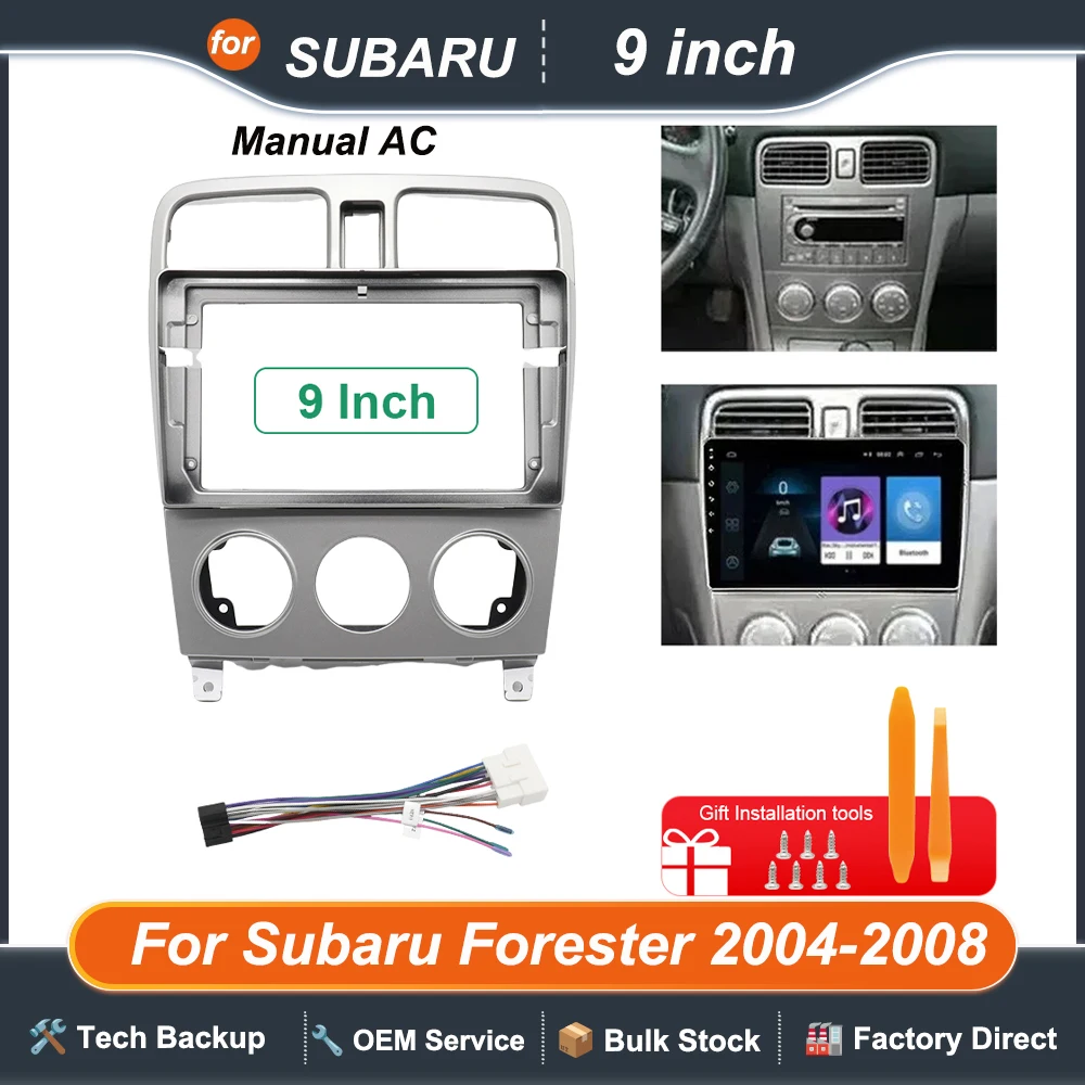 For Subaru Forester 2004-2008 Manual AC 9 Inch Radio Fascia Dash Panel Frame with Wiring Harness Options