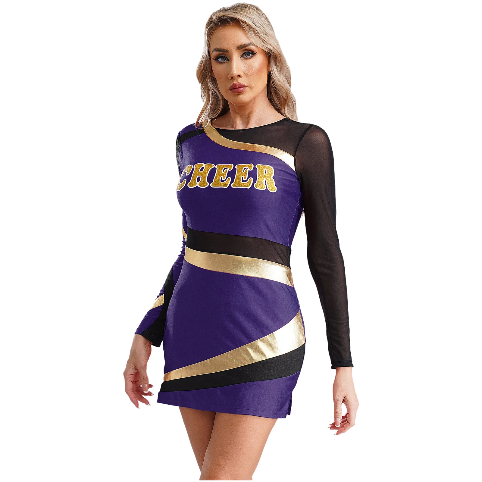 Womens Cheerleading Uniform Costume Dress School Girls Cheer Dance Clothing Cheer Dance Clothing Printing Metallic Bodycon Dress