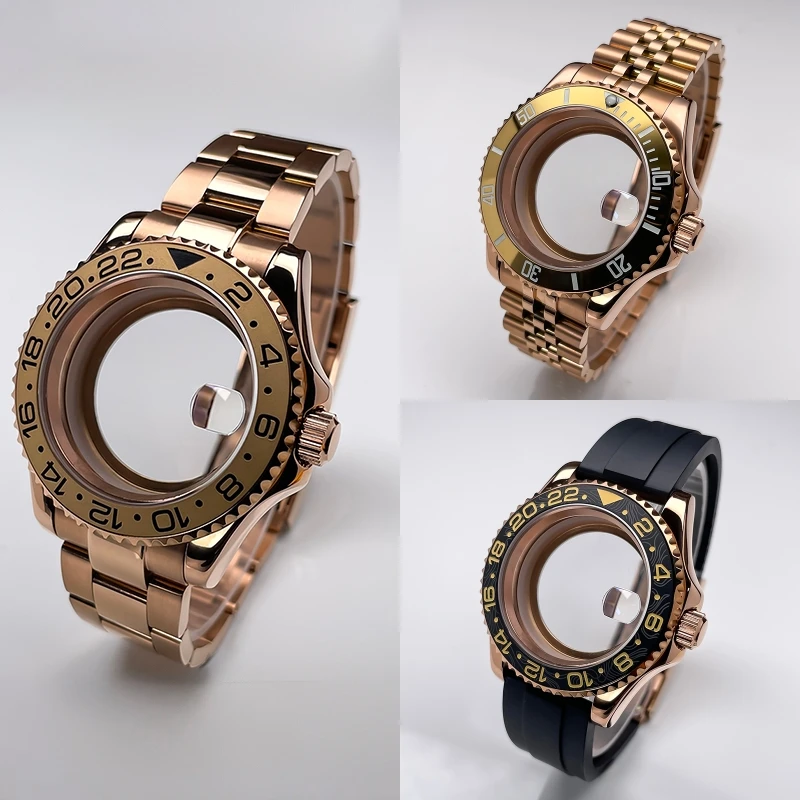 

Корпус NH35 из розового золота Yacht-master, 40 мм, двусторонний вращающийся безель, резиновый ремешок, сапфировое стекло, NH35, NH36, NH34, корпус часов с механизмом