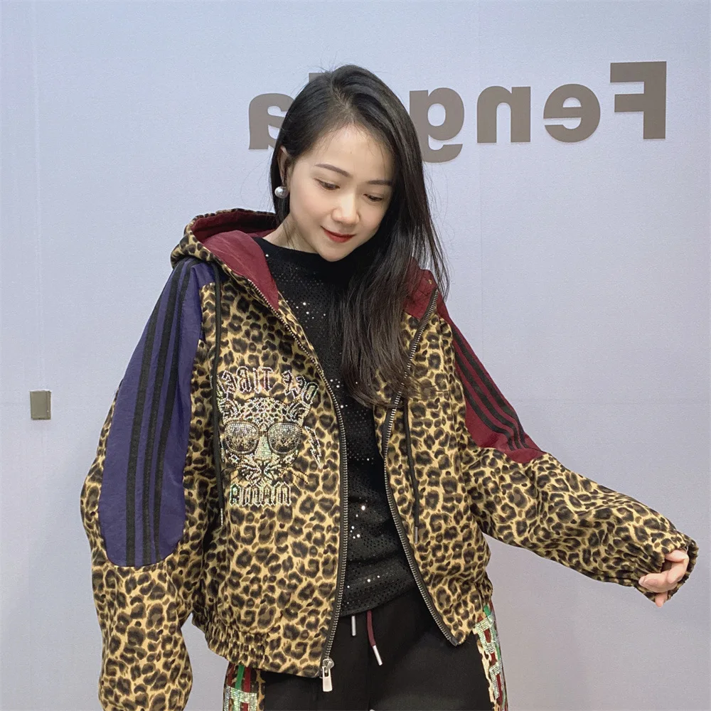 2024 New Fashion Colorblock Hot Drilling Leopard Jackets Women All-match Hooded Zip Cardigans Coat Streetwear Short Outwear