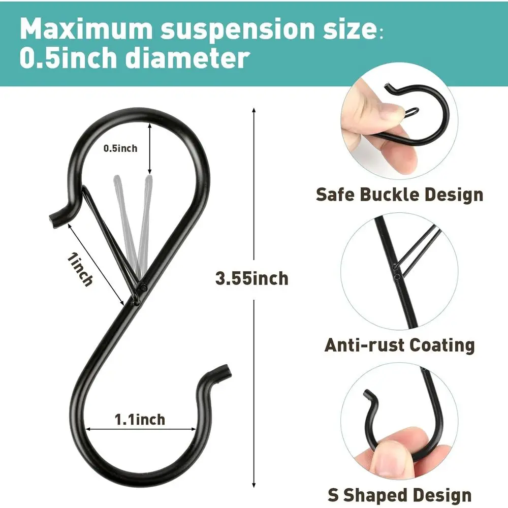 12-Pack Heavy-Duty 3.5 Metal S Hooks with Safety Buckle for Hanging Plants, Kitchenware, and More