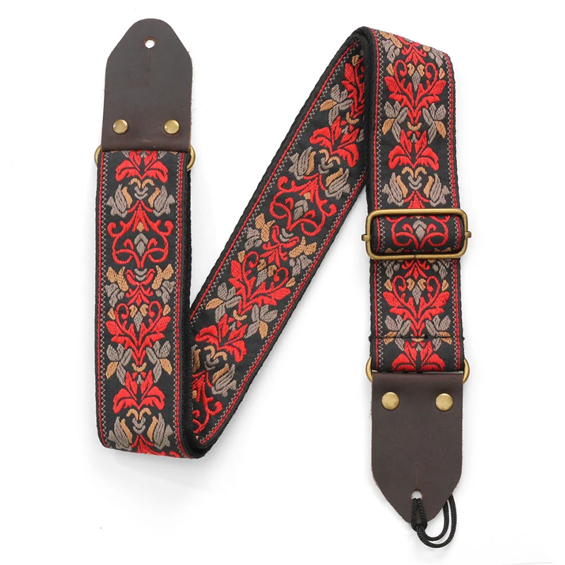 

80cm-135cm 5cm Wide Universal Guitar Strap Adjustable Nylon Embroidery Guitar Belt with PU Leather for Folk Wooden Classical