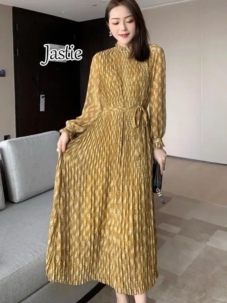 

Jastie French New Fashion Slim Strap Dress Printed Pleated Beach Dress Seaside Vacation Long Dresses For Women Clothing 2024