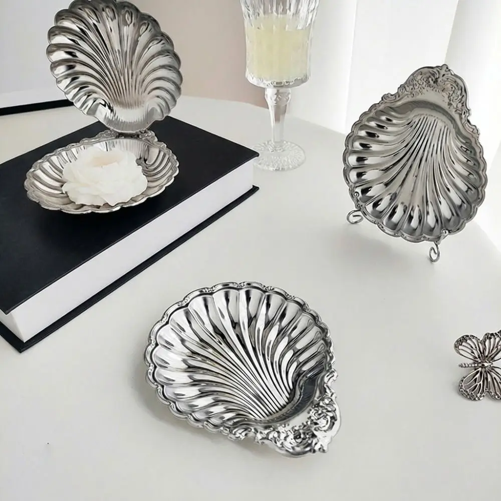 304 Stainless Steel Shell Shaped Dish Embossed Details Photo Props Cake Tray Multi-purpose Silver Dessert Plate Home Decoration