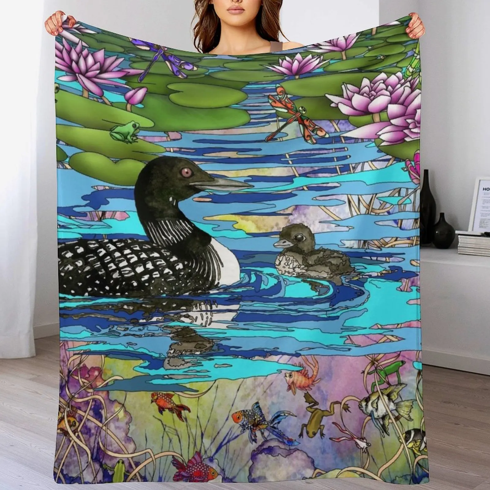 

Loons and Water Lilies Throw Blanket Anti Shedding Soft Fuzzy Blanket for Home