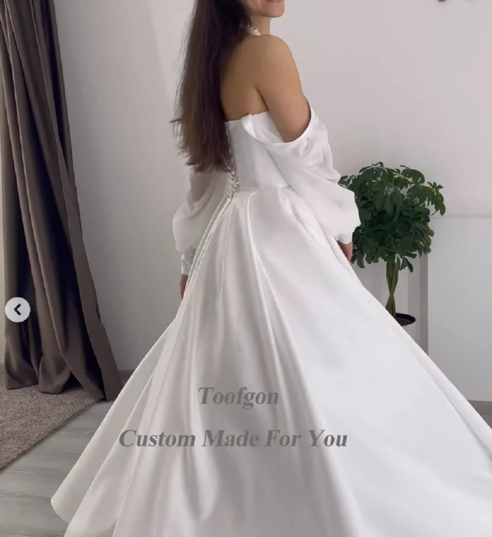 Toofgon A Line Satijnen Trouwjurken Chiffon Lange Mouwen Veterparels Bruid Bruidsjurken Feestjurk Robe De Mariée