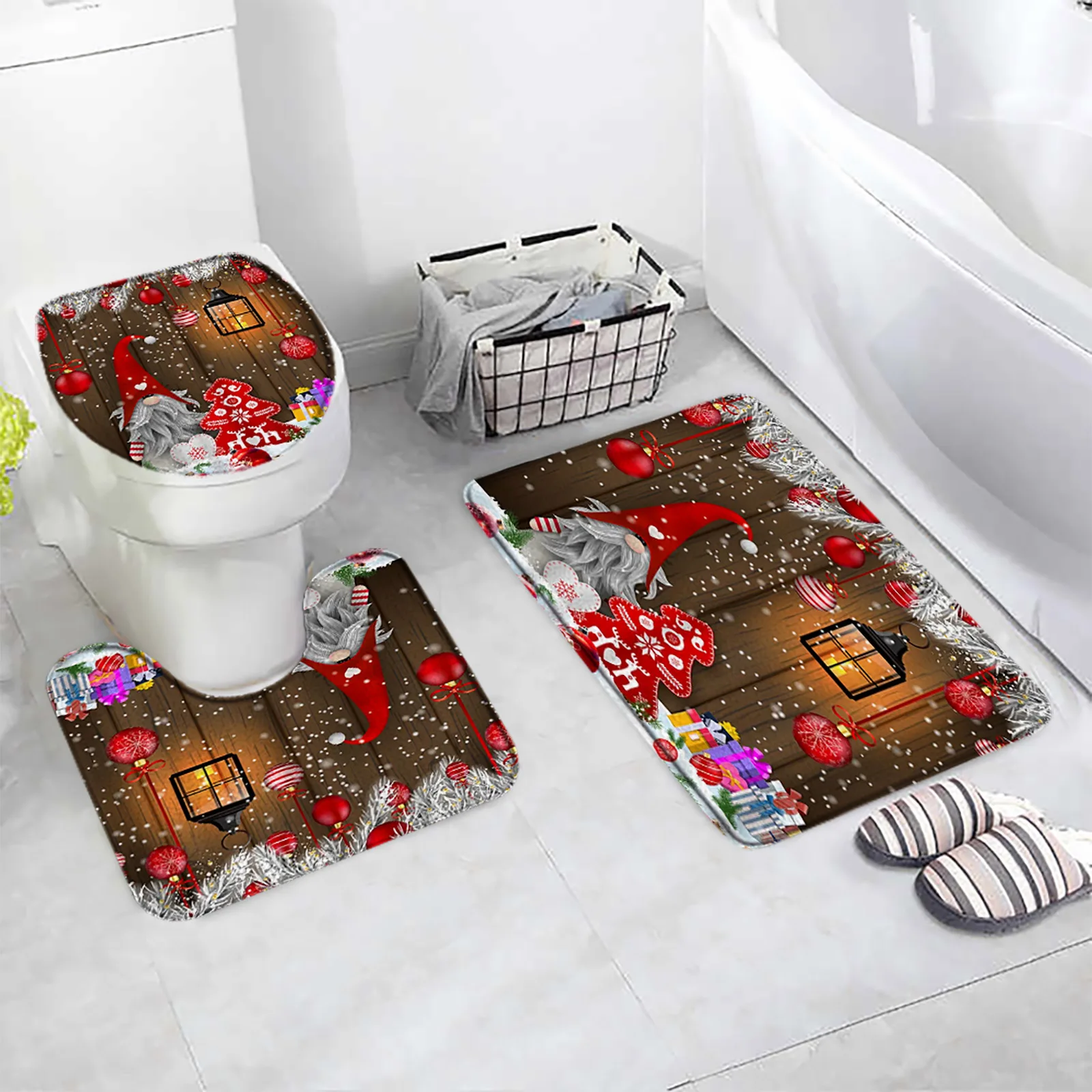 

Рождественский набор ковриков для ванной, милый эльф, Санта-Клаус, красные рождественские шары, снежинка, новогоднее украшение для дома, ванной комнаты, коврики, крышка унитаза