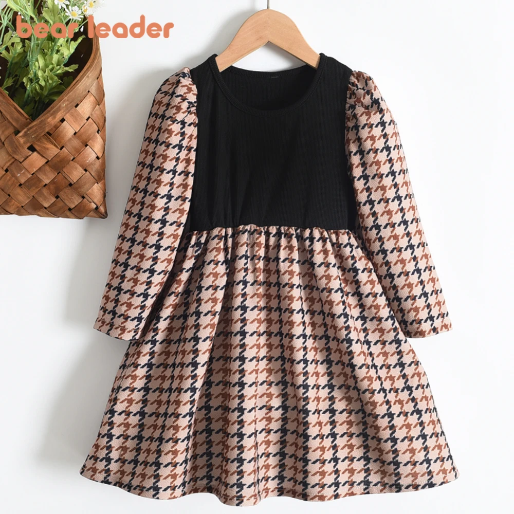 Bear Leader Girl Kids Spring Autumn Dresses 2023 New Fashion Baby Long SLeeve Casual Dress Children Solid Color Costumes