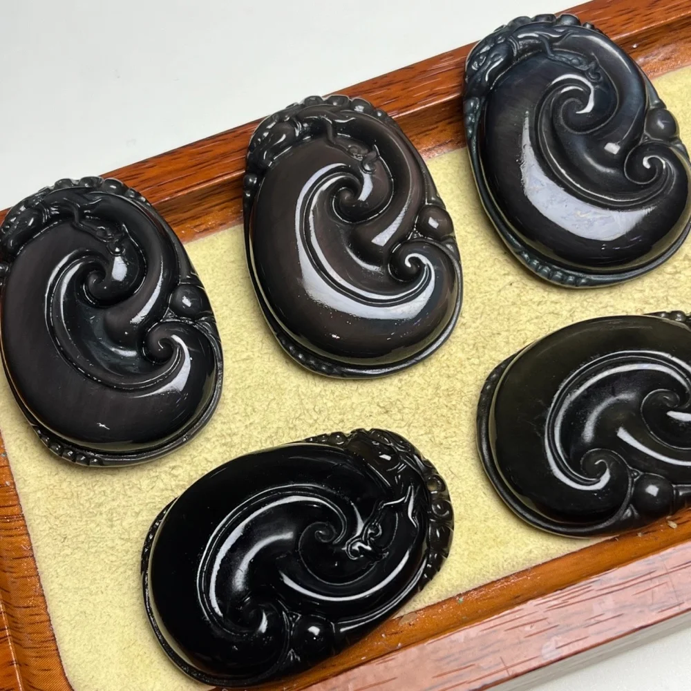2PCS 44mm Natural Smoky Obsidian Ruyi Dragon Carving Crystal Reiki Healing Jewelry Pendant Cute Rock Decoration for Gift
