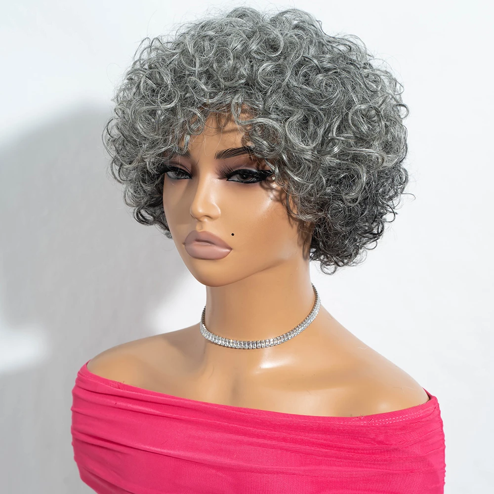 Lekker Short Silver Gray Curly Bob 100% Human Hair Wigs For Women Brazilian Remy Hair Salt and Pepper Full Machine Made Wigs