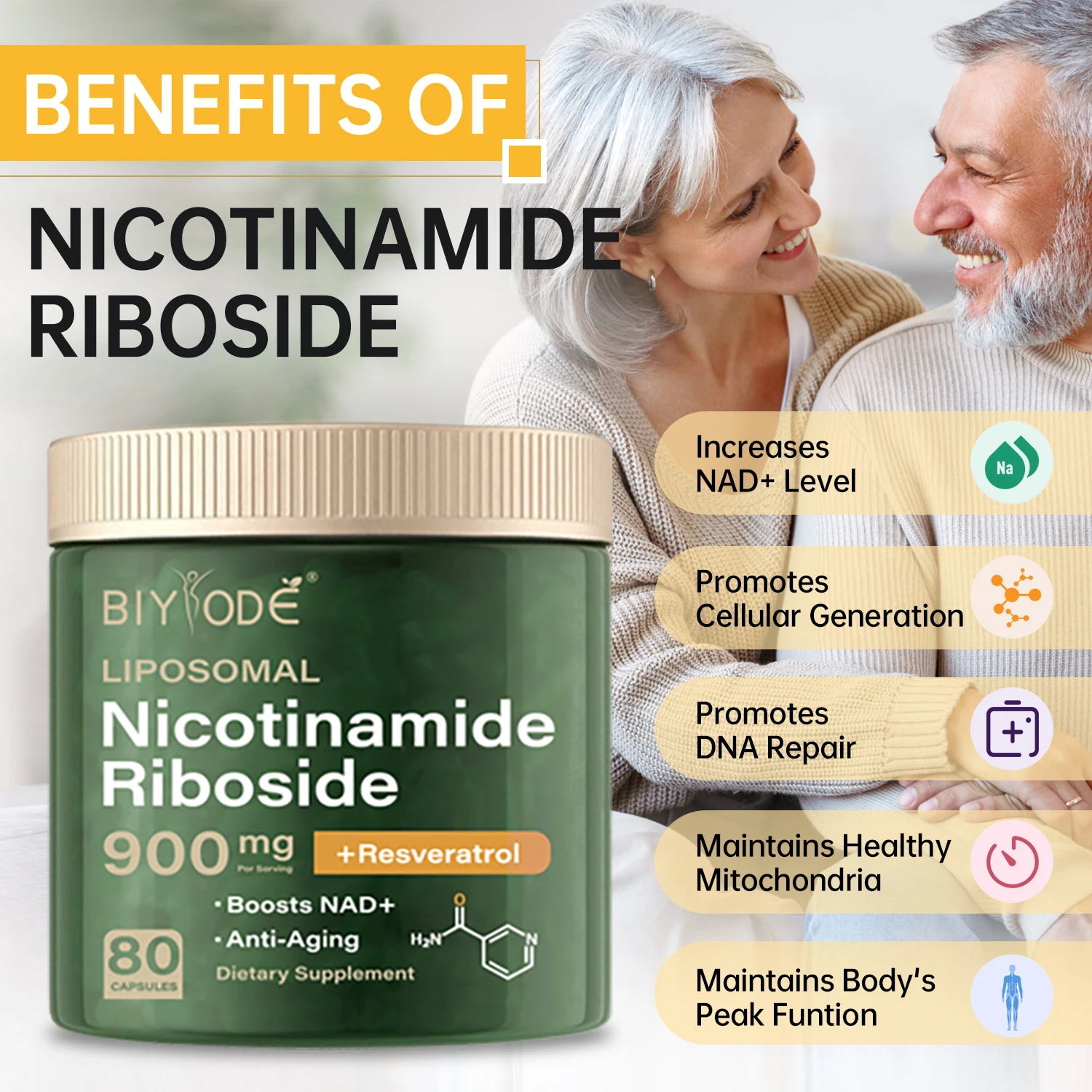 【BIYODE】NAD plus كبسولات لمكملات صحة البشرة للبالغين، حزمة مكملات فيتامين النسيل والتغذية للرجال والنساء