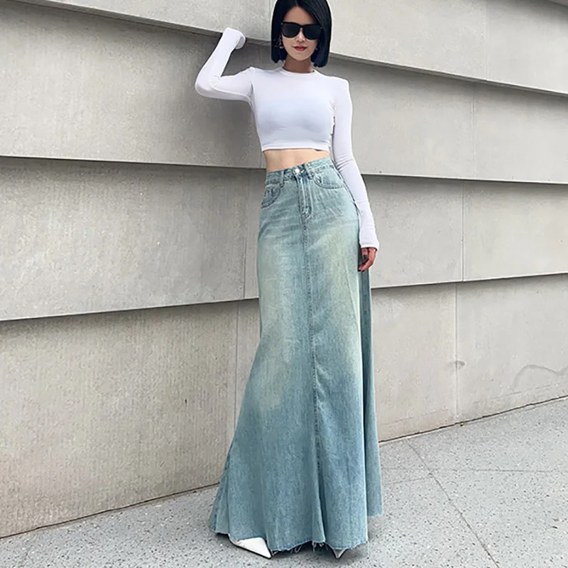

Trendy High Waist Long Denim Skirt Women's Spring Summer New Style Frayed A-Line Skirt High Waist Design No Stretch Elas...