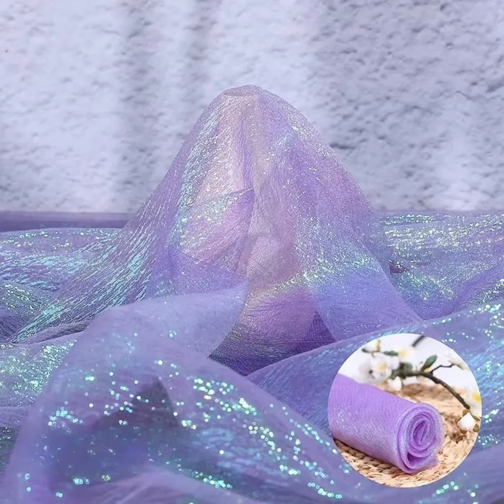 100x140cm Rainbow Laser Yarn Fabric Illusion Color High-Density Organza Fabric Texture Designer Wrinkled Iridescent Organza