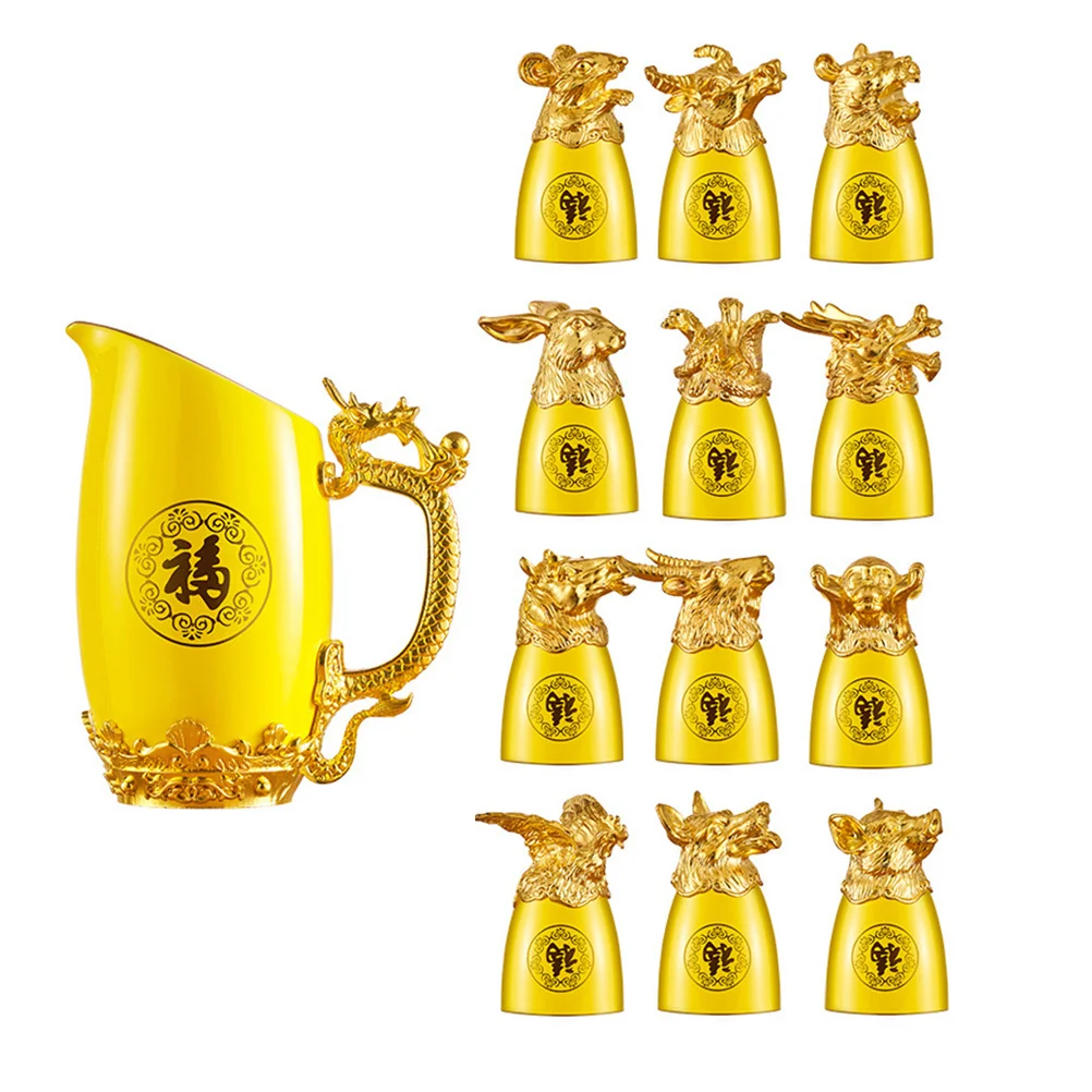 

1Set Chinese Zodiac Liquor Cup Ceramic Wine Kettle Gold Plated Creative Animals Design Multi Use Drinking Kit Storage Holder