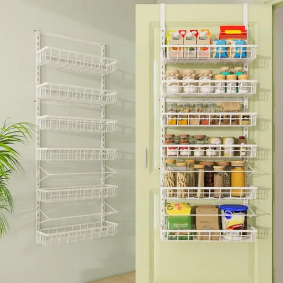 

Wall Mount Spice Rack, Pantry Hanging Storage and Organization, 6 Adjustable Baskets Heavy-Duty Metal for Home and Kitchen, Bac