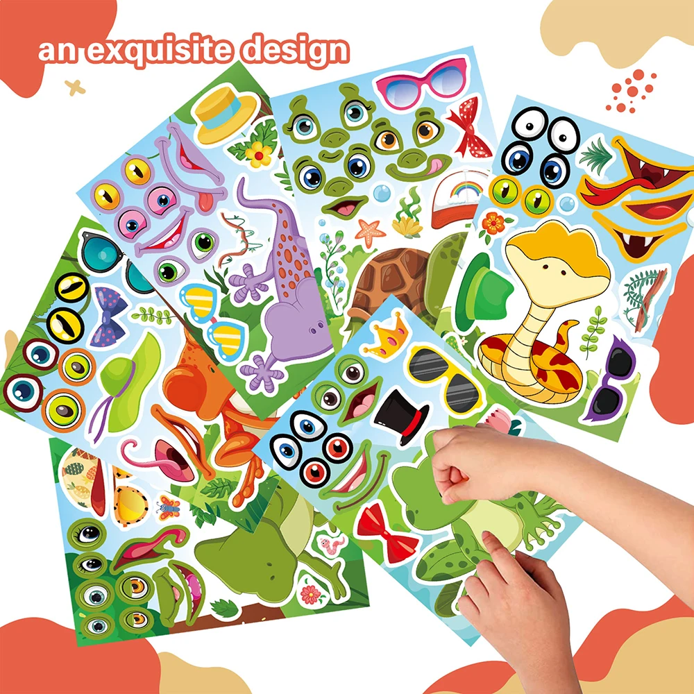 6/12Sheets Make a Face Animals Puzzle Sticker Kids DIY Lizard Frog Snake Assemble Jigsaw Educational Toys Children Favor Gifts