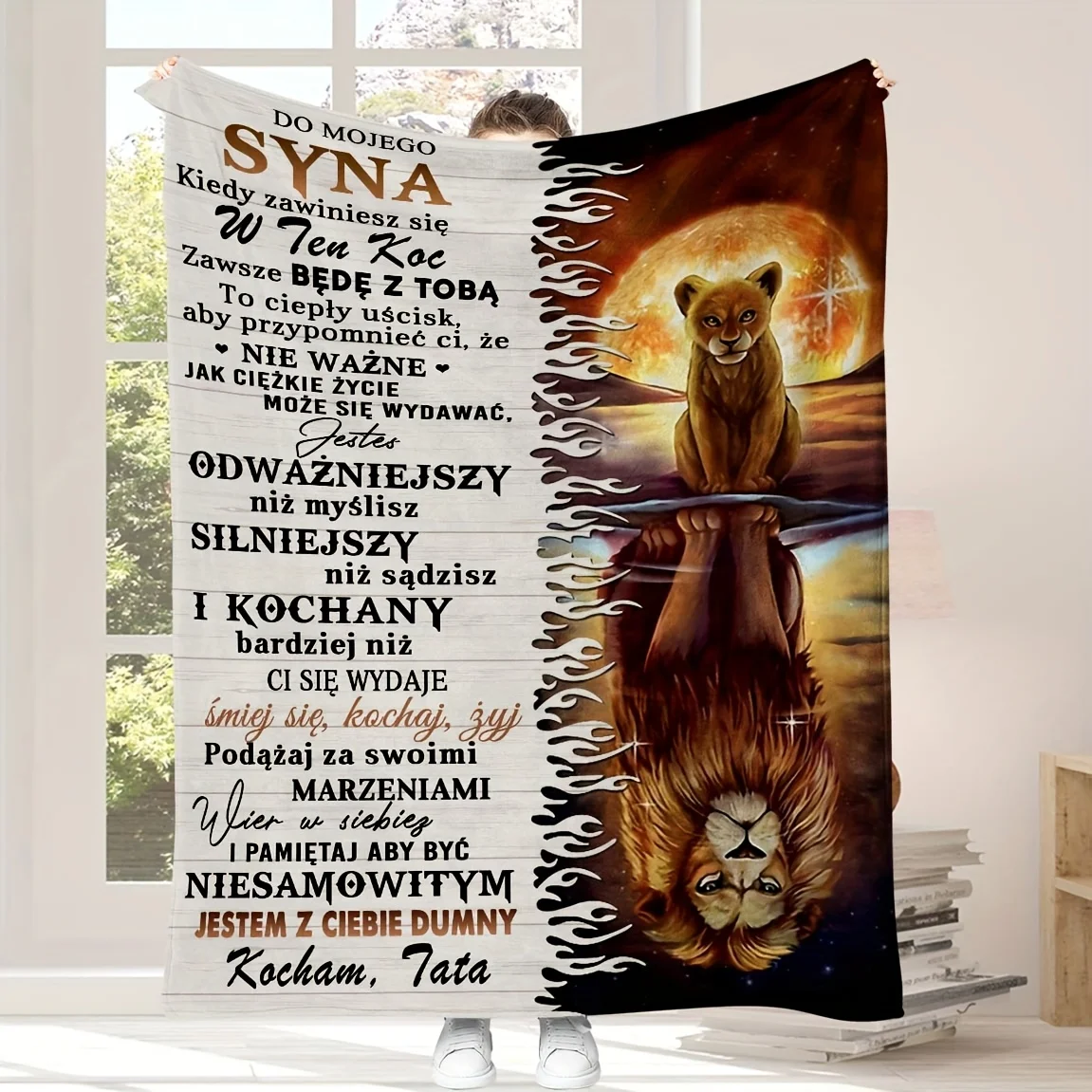 1pc Polish Language Blessing Encouragement Message Printed Blanket Lion Element Perfect Gift for Family And Friends Suitable for