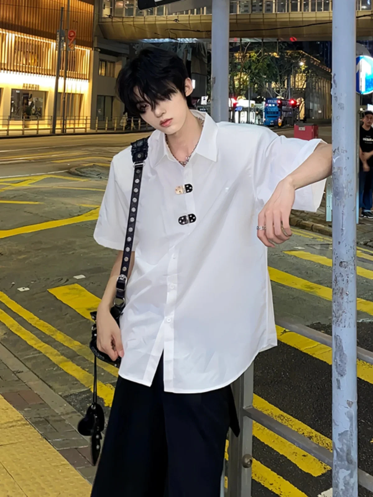 

Shoulder Pad Short Sleeve Men's Shirt Youthful Summer Fashion Outerwear Five-Arm Cuff Advanced Sensation Trendy Pointed Collar