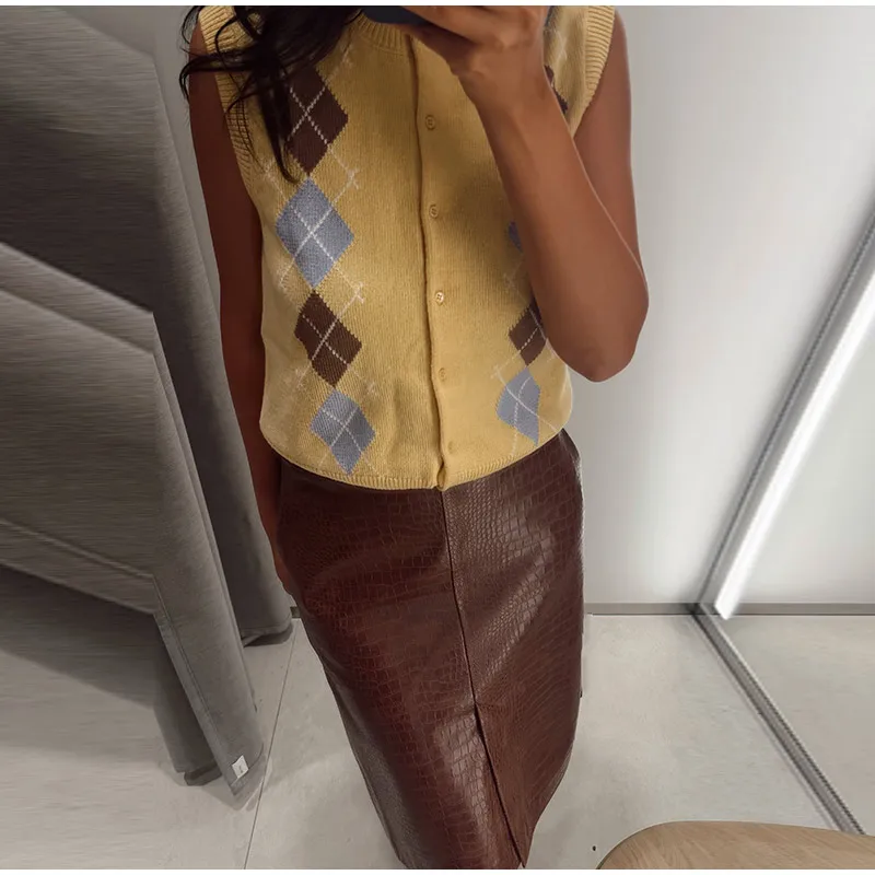 Crocodile Embossed Faux Leather Midi Skirt Front Slit High Waist Bodycon Pencil Skirt Women 2026 Autumn Vintage Fashion Outfit