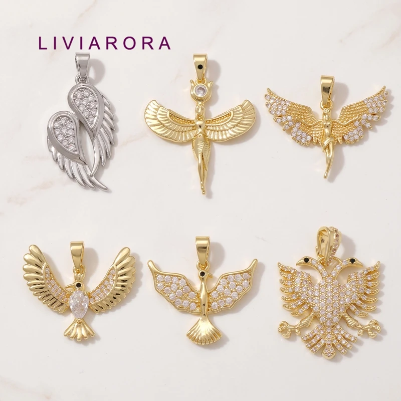 2Pcs 18K Gold Plated Metal Eagle Phoenix Dove Bird Pendant Brass With Zircon Swan Wing Animal Charms For Jewelry Necklace Making