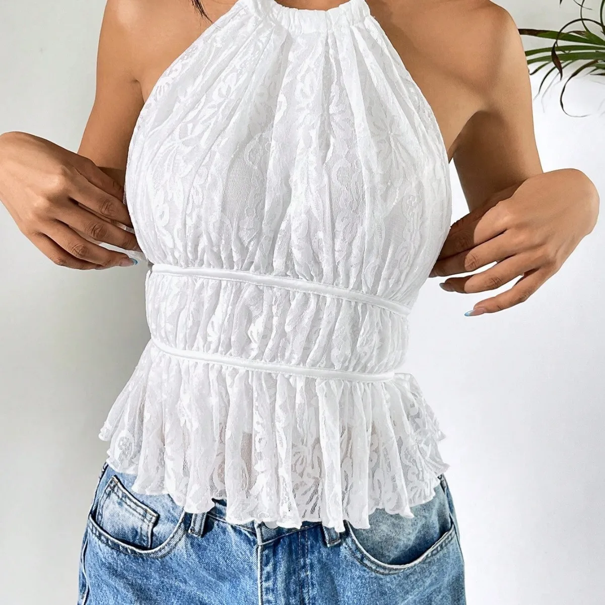 Women Spicy Sweet Lace-up Bodycon Camisole with Tie Shoulder Straps Backless Chiffon Solid Color Short Length 3D Effect Elegant