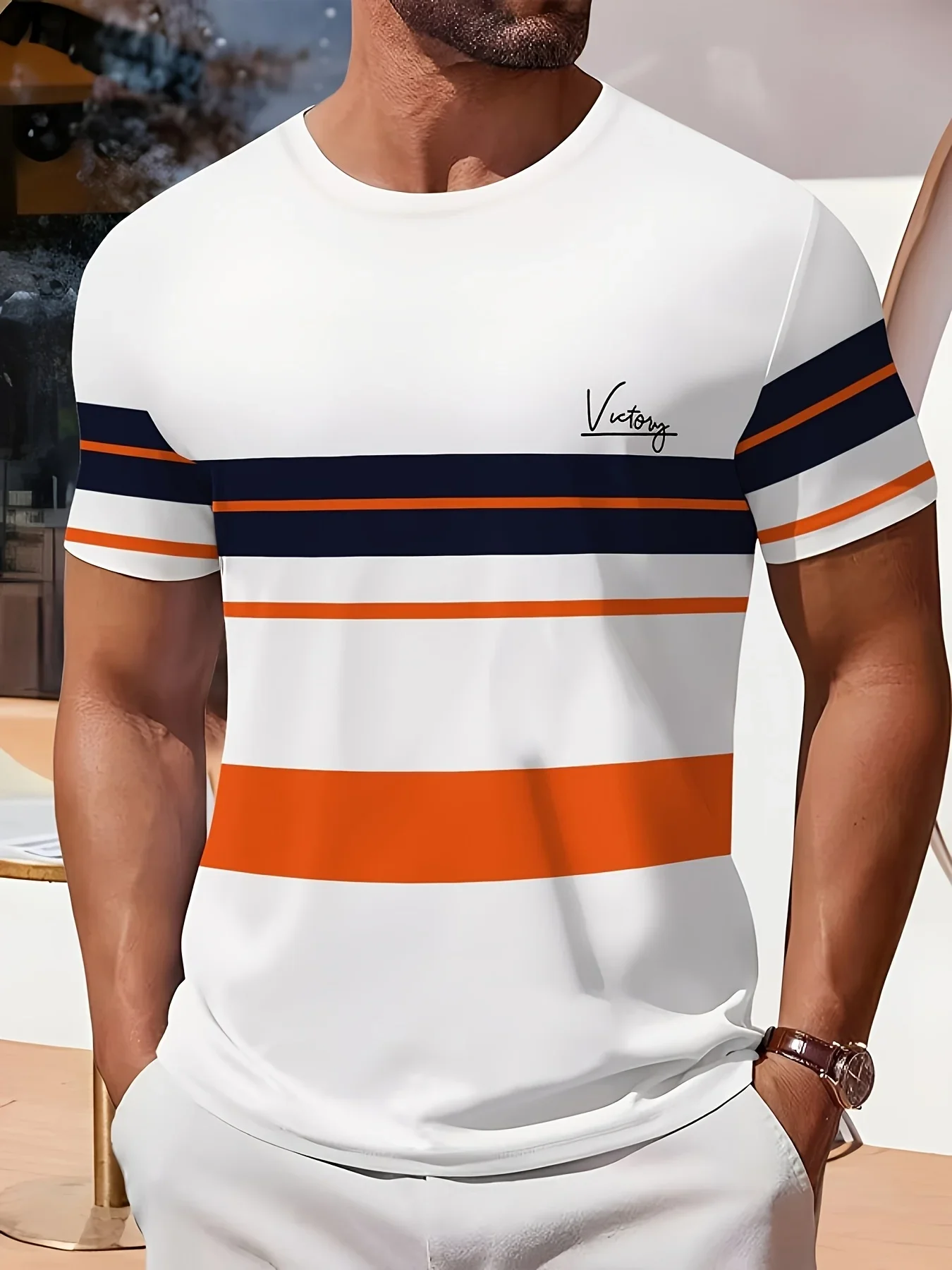 Fashion Men's Casual Striped T‑Shirt Classic Stripe Victory Handwritten Letter Print Crew Neck Short Sleeve Daily Wear Tee Tops