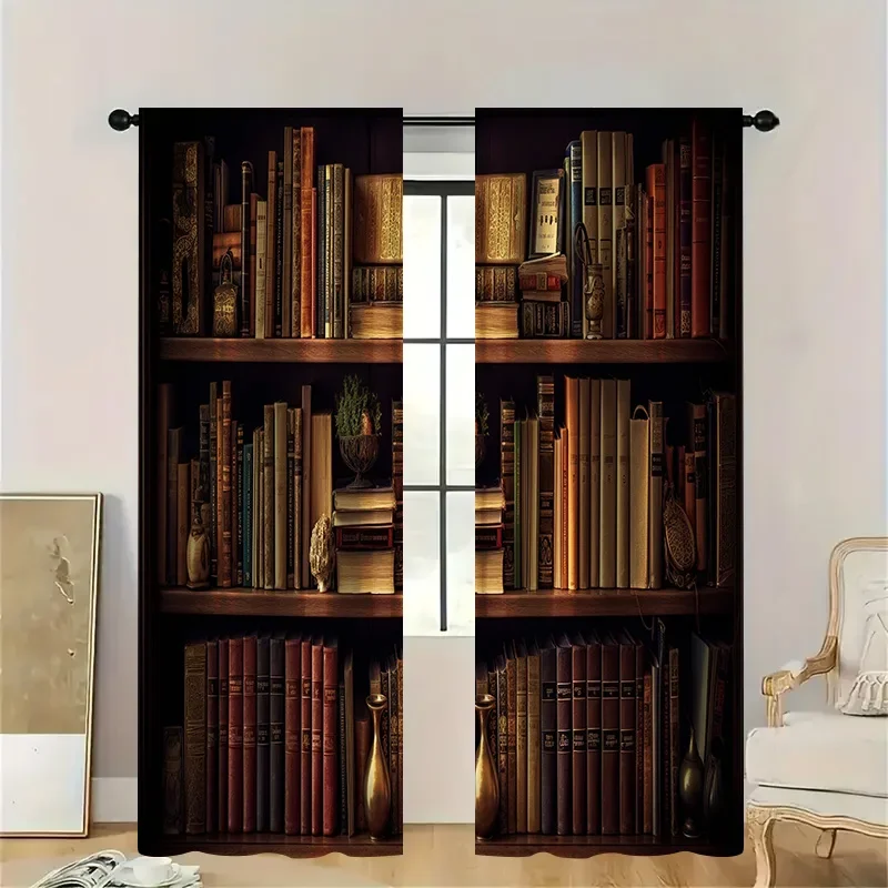 2pcs Vintage Bookshelf Curtains with Rod Pocket, Brown Leather Book Spine Print Sheer, Classic Study Theme for Cozy Living Room