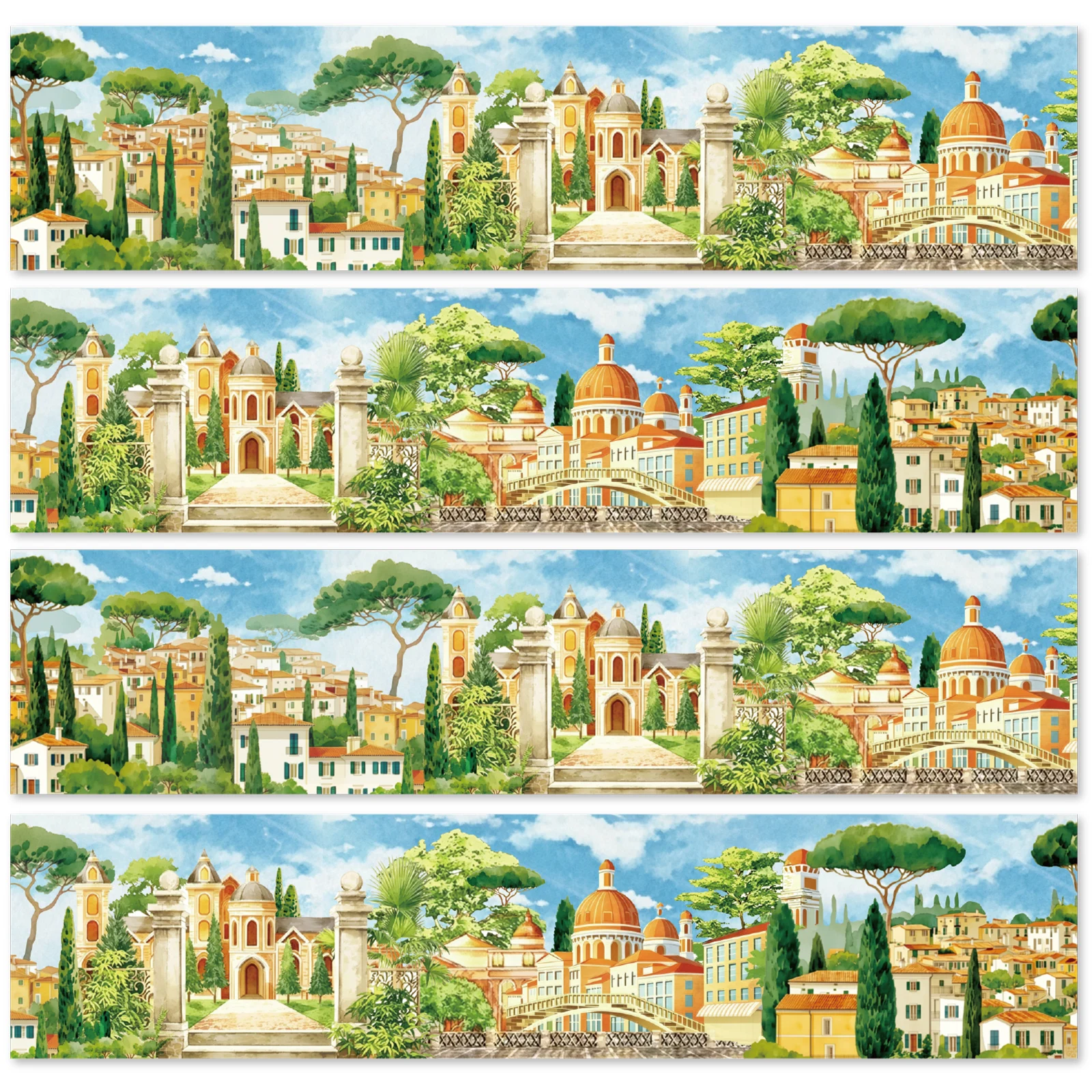 Etori Life 60Mm*2M Mediterranean-Style Town Tape with Warm-Toned Vintage Buildings and Palm Green Trees in a Long Loop Pattern, DIY Decorative Border for Photo Albums, Suitable for Laptops, Diaries, Handbags, Household Ledgers, Guitars, Postcards and Envelopes, Helmets and Bicycles, Scrapbook Supplies, Office Decoration Supplies, Gift Box Packaging, School Supplies, Artistic Aesthetics, Cycling Decals