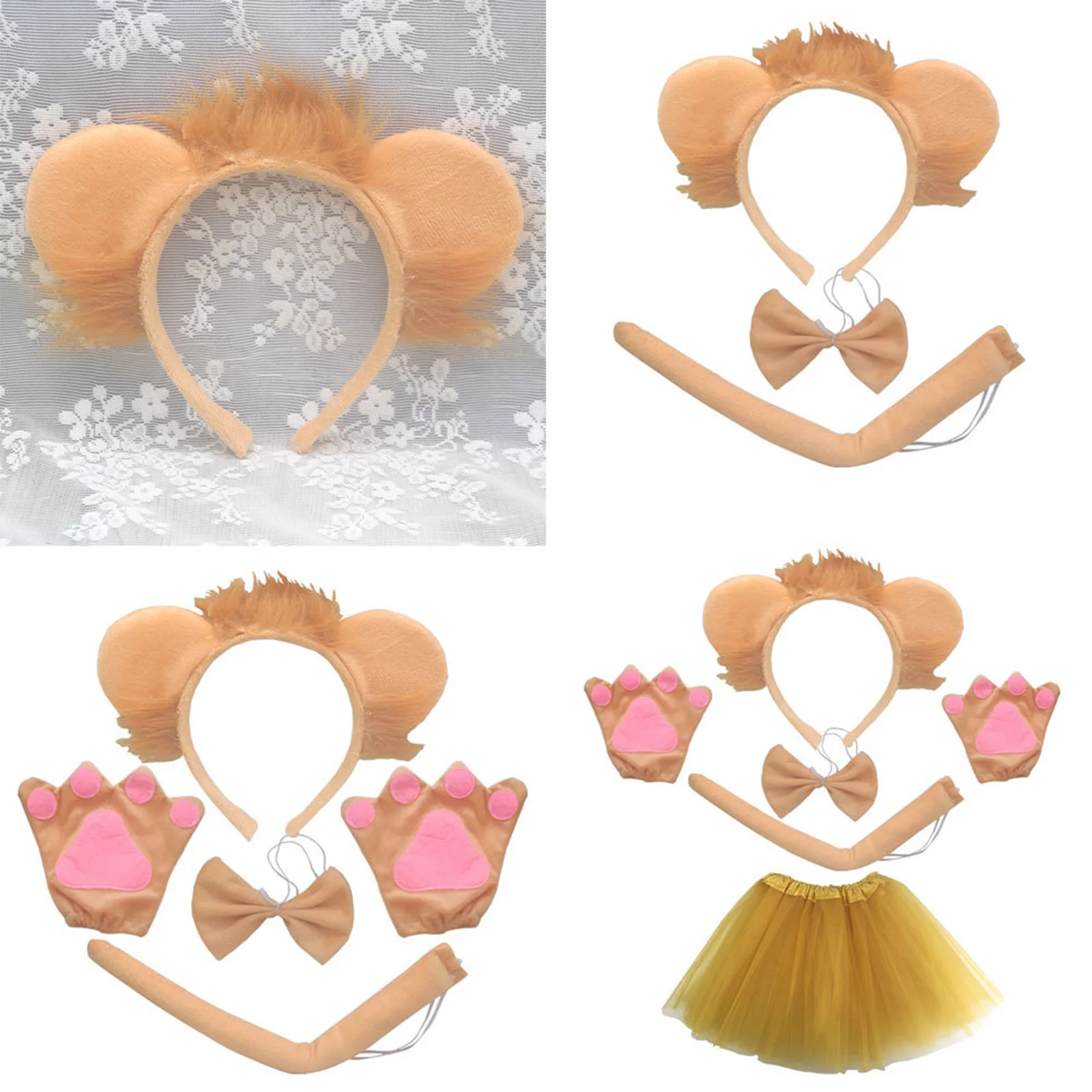 Kid Lion Costume Set Animal Ears Tail Bow Tie Tutu Skirt Fancy Kids Adult Props Cosplay Halloween Party Gift Carnival Birthday