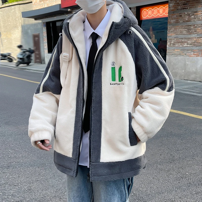 

Мужская утепленная куртка из хлопка с флисовой подкладкой и ворсом под овчину, новая зимняя свободная модель с капюшоном, модная повседневная верхняя одежда