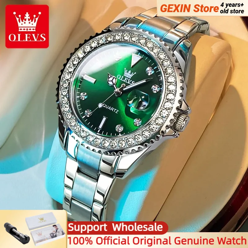 

OLEVS оригинальные женские кварцевые часы, роскошные водонепроницаемые часы из нержавеющей стали с бриллиантами, кожаные часы, женские кварцевые часы, комплект для девочек