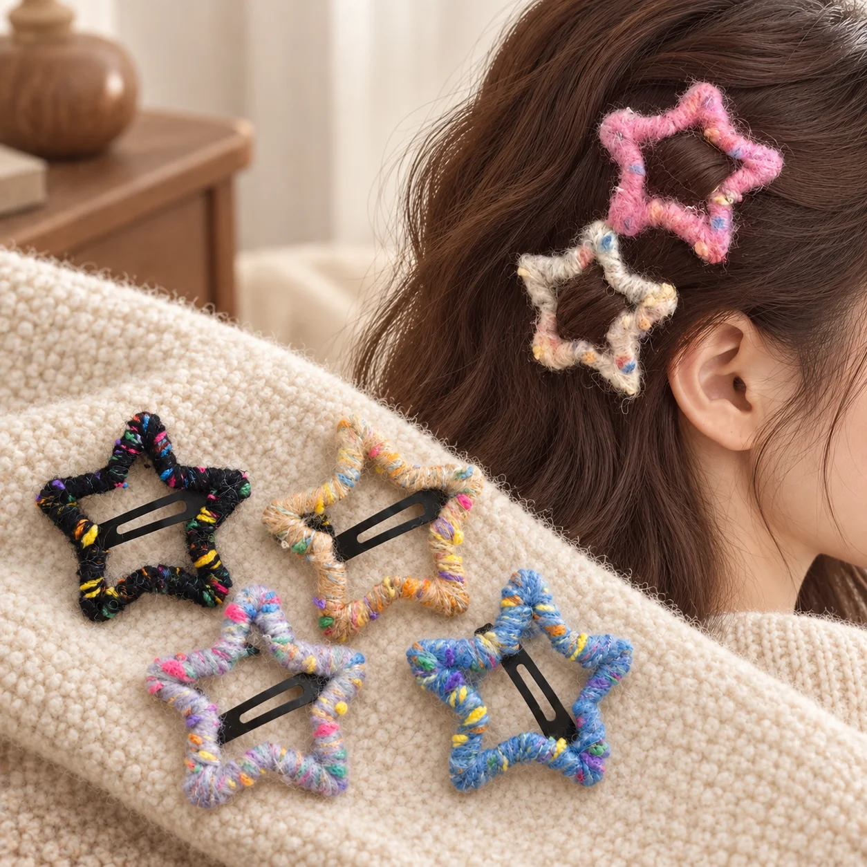 Handmade Yarn Wrapped Star Hair Clips Cute Colorful Korean Fuzzy Snap Barrettes for Women and Girls Fall Winter Hair Accessories