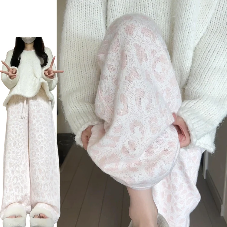 กางเกงลายเสือดาวสีชมพูหวานสไตล์เกาหลีสำหรับผู้หญิง ฤดูใบไม้ร่วง ฤดูหนาว รุ่นใหม่ ทรงหลวม ช่วยพรางหุ่น กางเกงลำลองเอวสูง ยางยืด