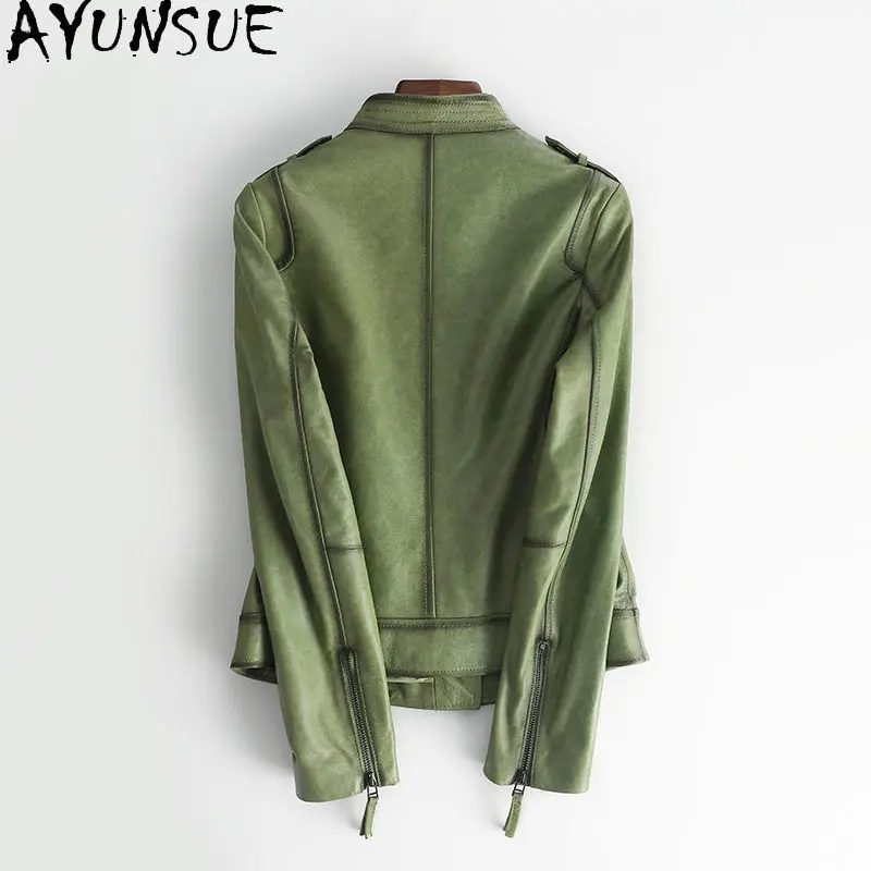 AYUNSUE Kurtka damska ze skóry owczej licowej, odzież damska 2025, kurtki motocyklowe, dopasowany krój, wiosenno-jesienny płaszcz damski, elegancki