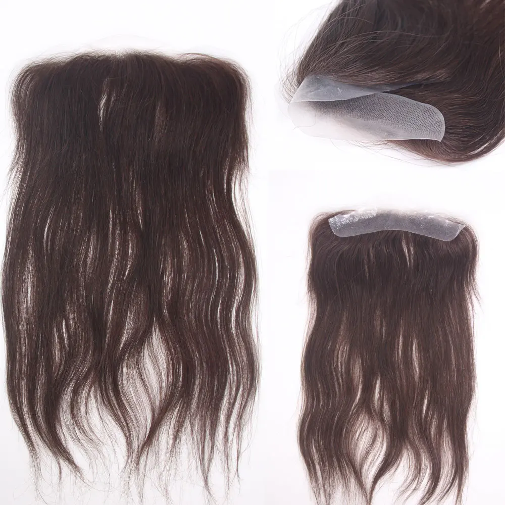 Parrucchino unisex con nastro adesivo - Sostituzione base biologica sottile in PU per capelli umani lisci a forma di V (2x16 cm 13 pollici)