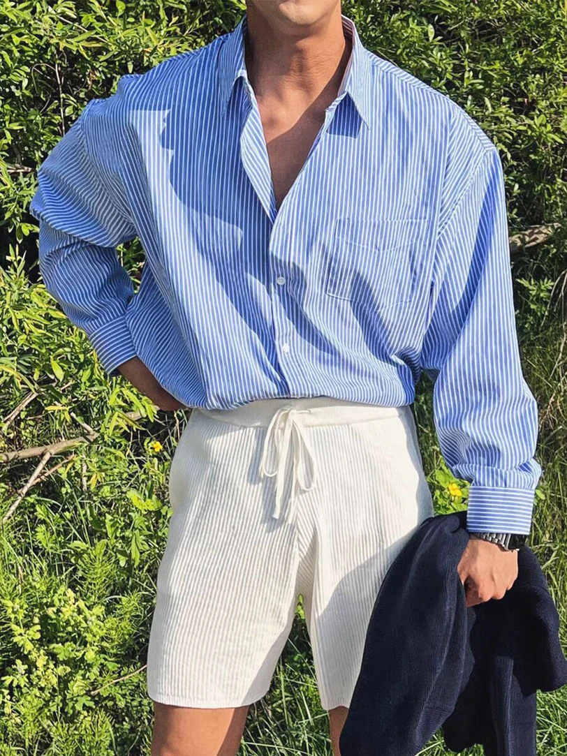 

European High-End Striped Men's Shirt American Retro Loose Long Sleeve Pocket Workwear Sport Sun Protection Trendy Shirt