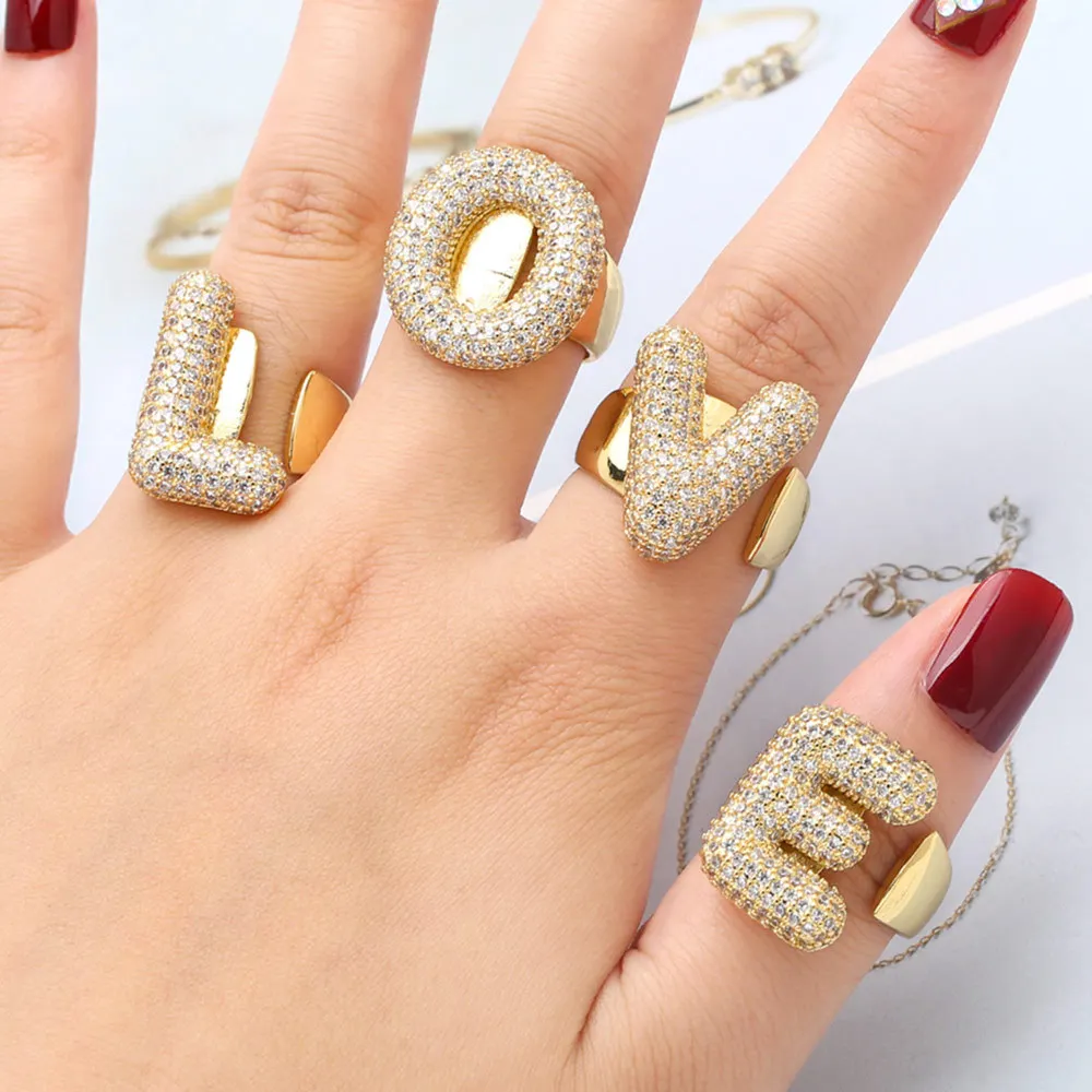 Fashion Vintage 26 A-Z Letter Rings Men and Women Micro-inlaid Zircon Trend Gold Plated Irregular Party Jewelry Gifts