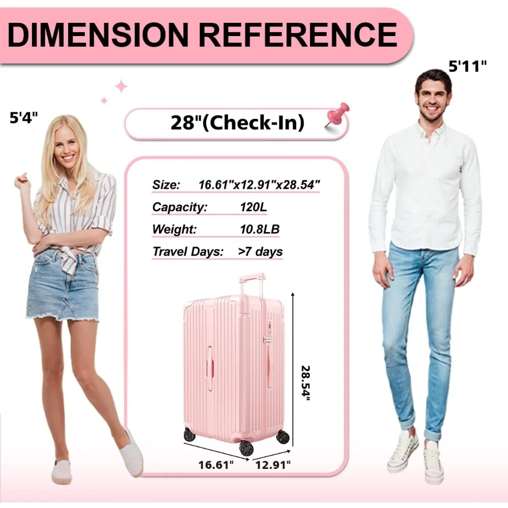 28 Inch Suitcase with 4 Universal Wheels, TSA Lock, PC+ABS Hardside, Pink, Ideal for Checked Luggage