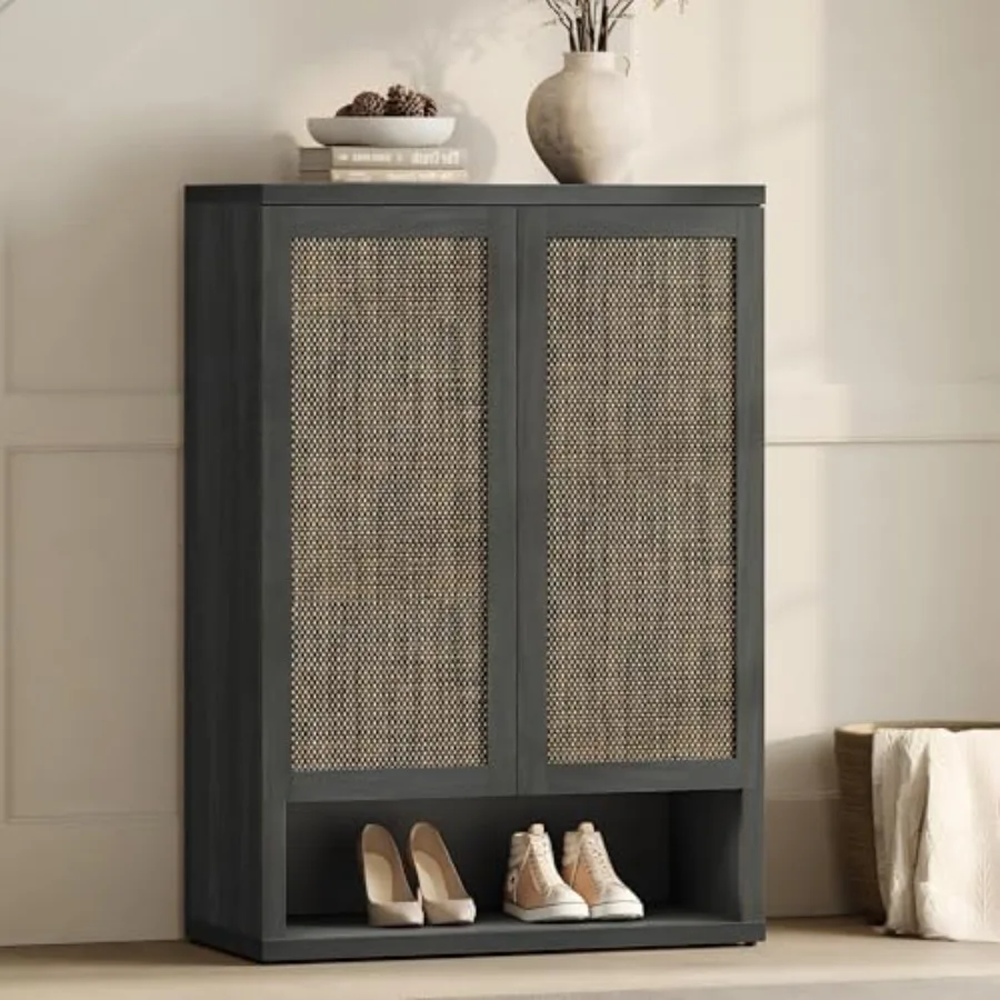 31.2 Wide Rattan Shoe Storage Cabinet for Entryway with 2 Doors, Natural Woven Rattan, Beige, Space-Saving Stylish Organization