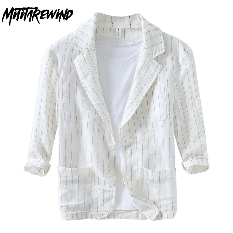 Spring Summer Three Quarter Sleeve Suit Male Daily Casual Blazer Men Linen Cotton Striped White Jackets Korean Fashion Mens Coat