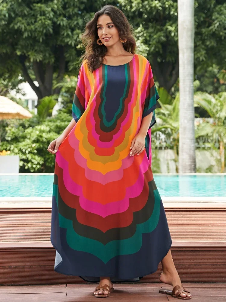 LORYLEI Colorful Women Kaftan Long Dress For Women 2024 Summer Causal Round Neck Batwing Sleeve Outfit Moo Moo Dresses Q1632