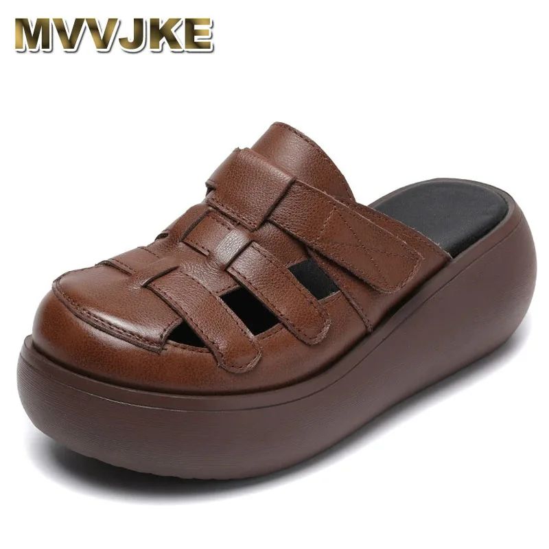 

6CM New Design Women Slippers Summer Slingback Round Toe Genuine Leather Platform Wedges Retro Outside Casual