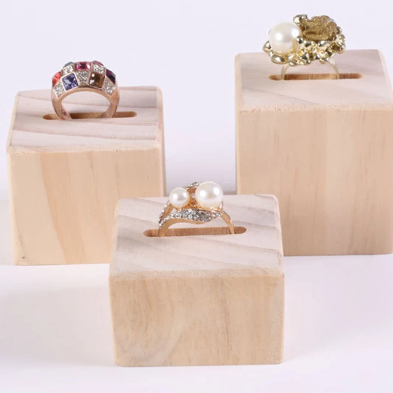 3Pcs Single Slot Square Round Ring Jewelry Display Rack Beech Ring Base