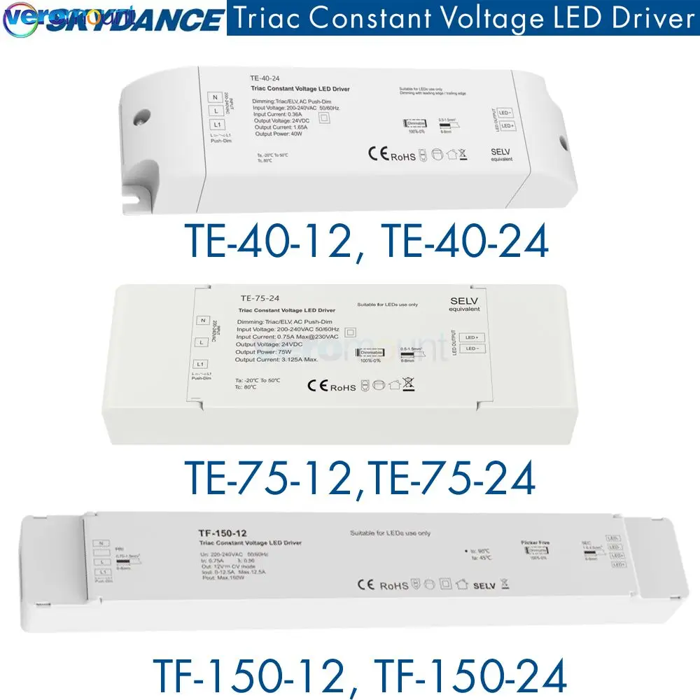 Skydance 40W 75W 150W Triac Dimming Constant Voltage LED Driver Push Switch DC12V 24V Dimmable Power Supply Phase-cutting Dimmer