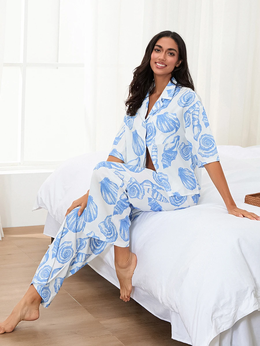 Conjunto de pijama feminino com estampa de folhas tropicais manga curta botão para baixo tops calças de cintura elástica 2 peças roupa de salão