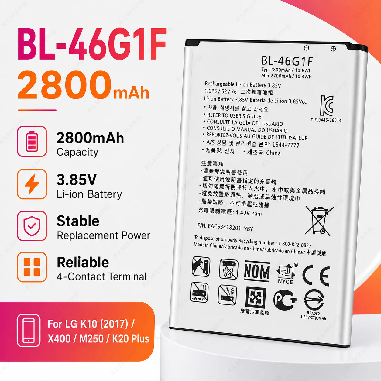 Replacement Phone Battery BL-46G1F 2800mAh for LG K10 2017 Version BL-46G 1F Mobile Battery Pack Repair Part